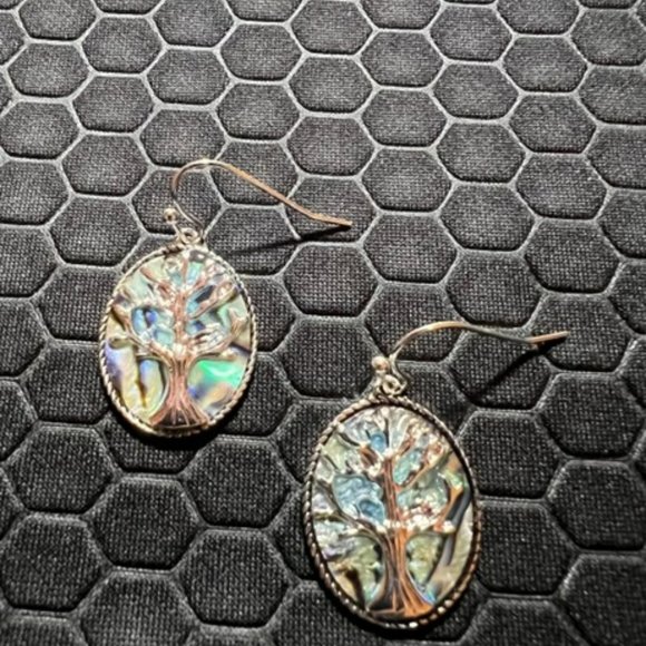 Tree of Life Earrings 3 with Green Abalone Stones 18K White Gold Plated - Picture 1 of 1